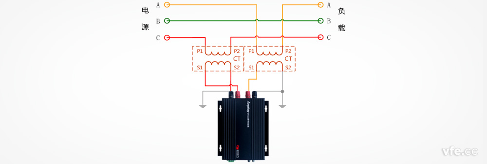 DT122數(shù)字變送器與兩個(gè)單相電流互感器測(cè)量三相電壓接線(xiàn)圖